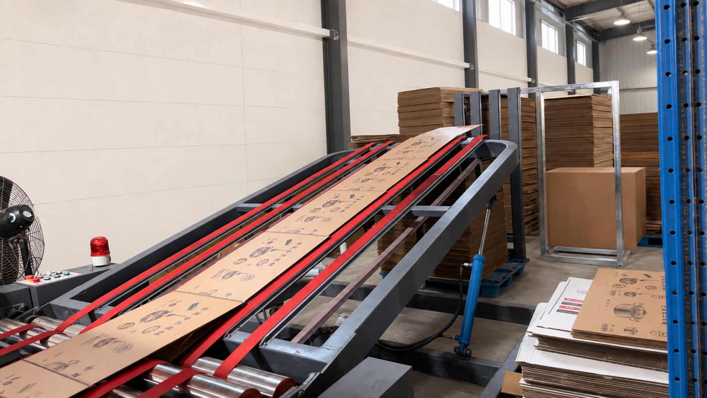 Printed corrugated board moving through a conveyor system